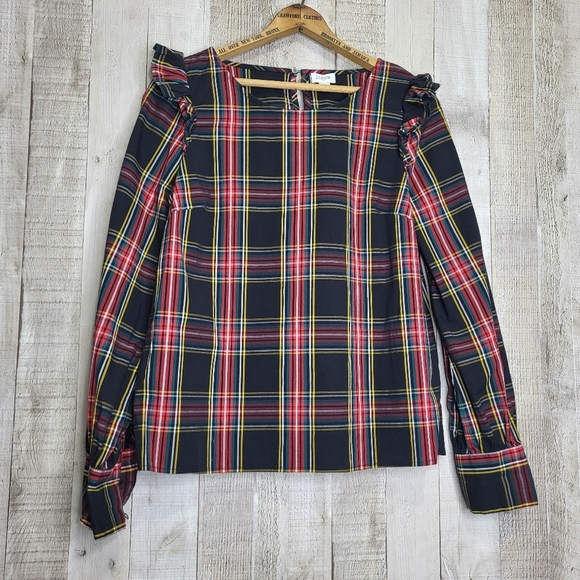J. Crew Factory Tops - J.CREW Plaid Ruffle Shoulder Women's Top. Black & Red. Size Small
